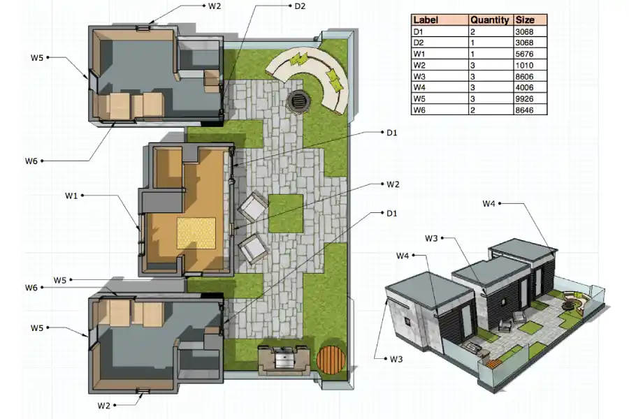 layout of a modern house with the window and door attributes in a table layout of a modern house with the window and door attributes in a table