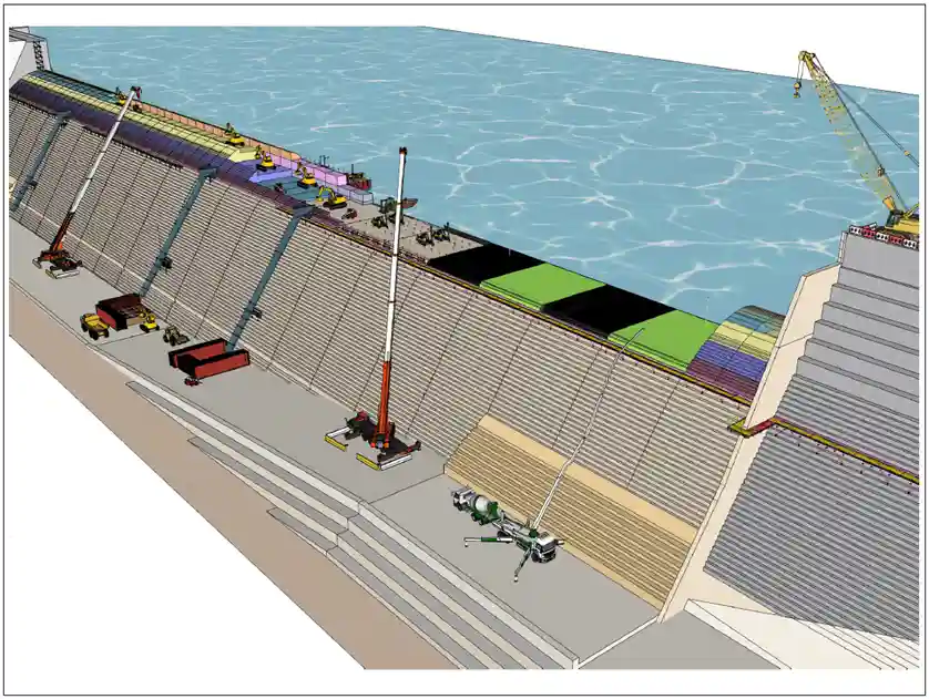 dam building process render with cranes