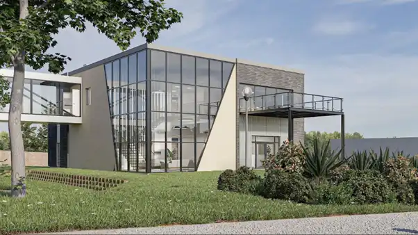 Rendering of new proposed building with glass windows and a combination of grey wood and concrete