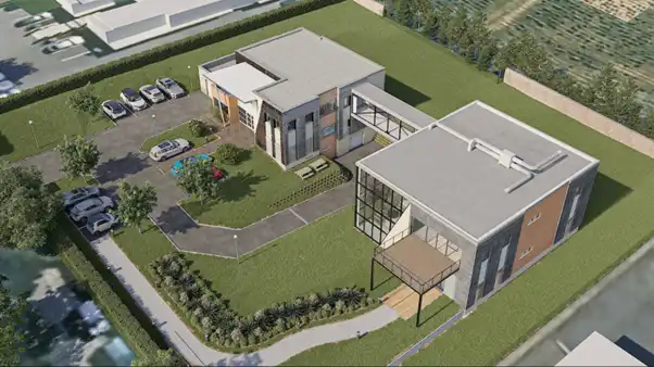 two modern buildings rendered in with brown, grey and green colours