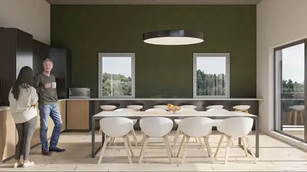 modern dining room with white chairs and a couple drinking coffee