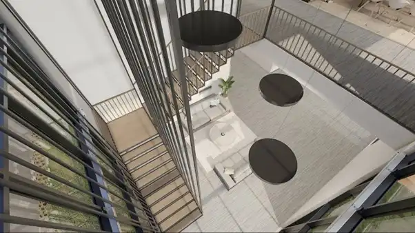 modern staircase with black hanging lights and tiled floors