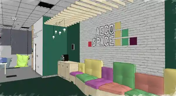 render of 3DEA workplace with colourful couches