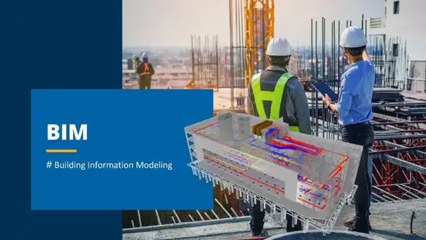 BIM promo page with man and woman looking out over construction site