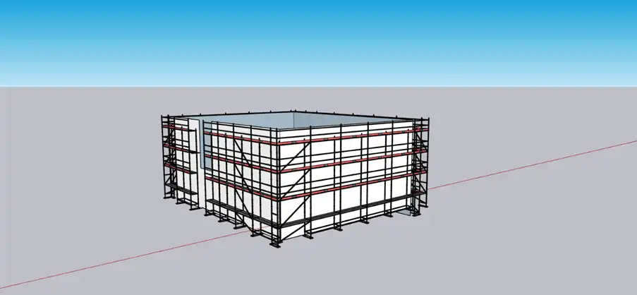 Model showing scaffolding around a simple building shape.