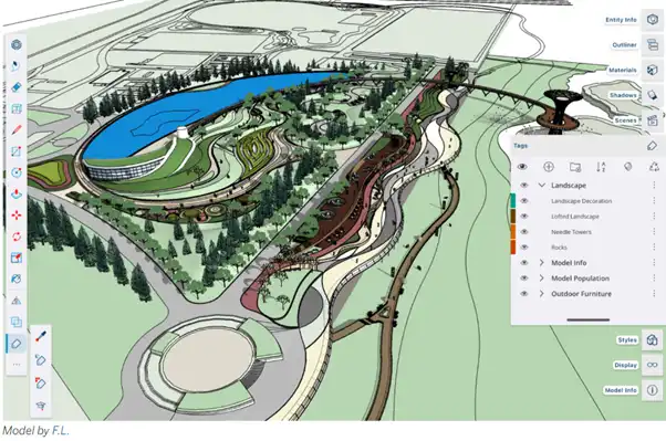 park design with lake roads and plants all in sketchup for ipad