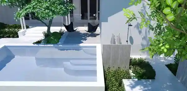 white pool and outdoor shower render in sketchup/ vray