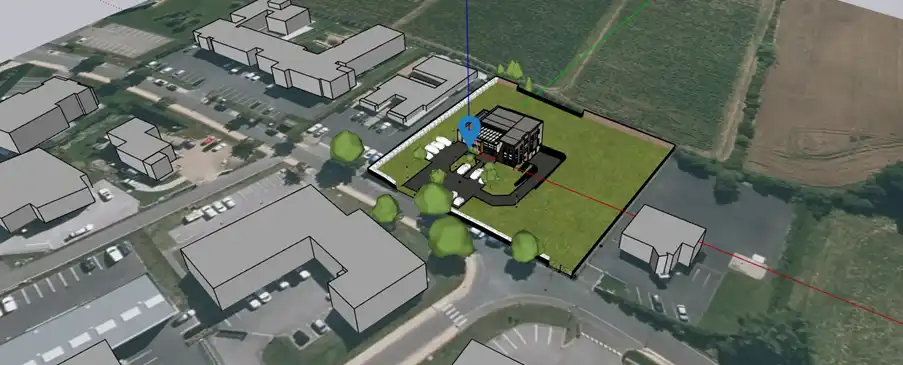 Aerial view of site context and model with real life ground and sketchup designs
