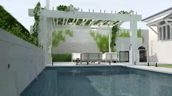 white patio and pool with blue tiles