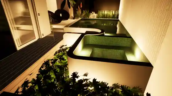 outdoor pool area render at night
