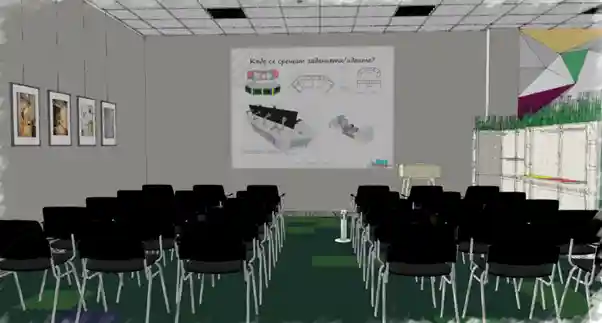 workplace interior with black chairs