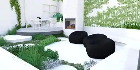 black bean bags in a white outdoor space with fireplace render
