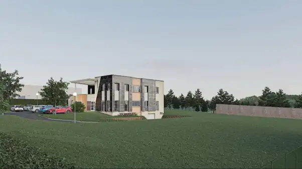 Rendering of existing building with grass and modern building and carpark