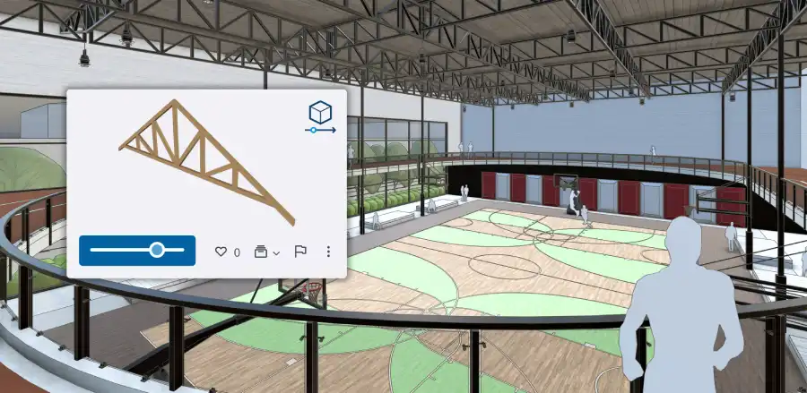 ation of a Live Component roof truss. Alt Text: A SketchUp model showing a tan and green basketball court with an upper-level running track surrounding it with a callout window showing a possible configuration of a Live Component roof truss.