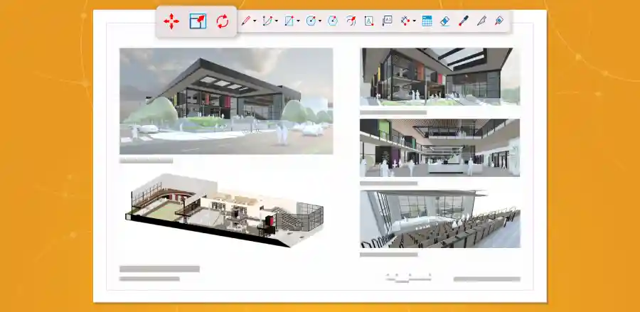 Screen capture of a LayOut sheet showing five images of the community center model with a toolbar highlight calling out Move, Scale, and Rotate tool icons.