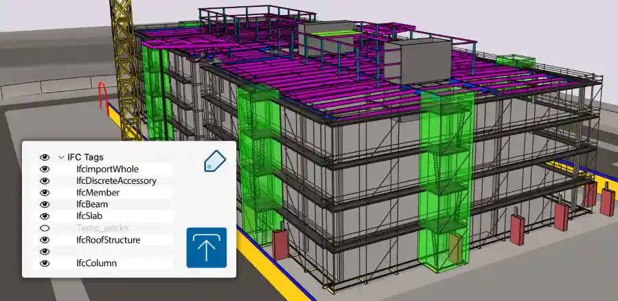 n IFC file showing a building framing exterior imported into SketchUp with a screen callout showing IFC classes as SketchUp tage with an upload button.