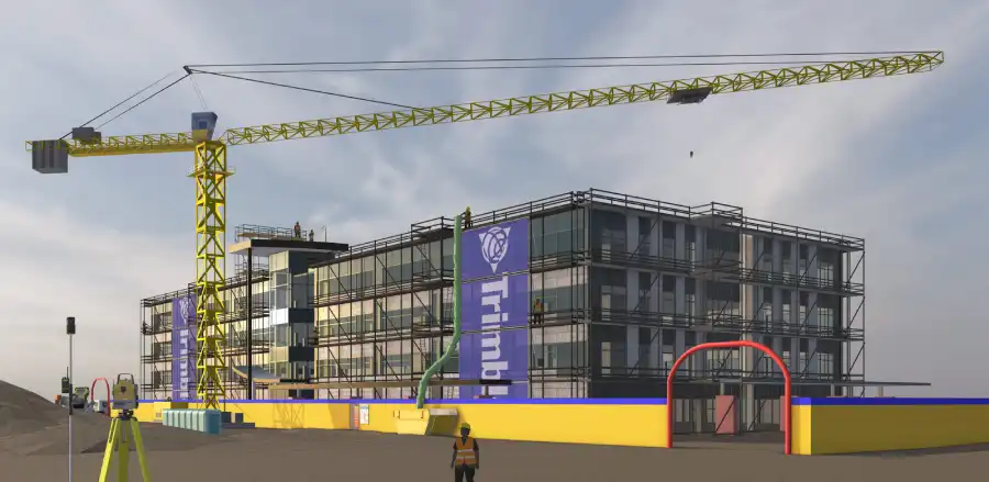 SketchUp still of an imported Revit model showing the exterior of a commercial building under construction with a large yellow crane and other construction tools in the foreground