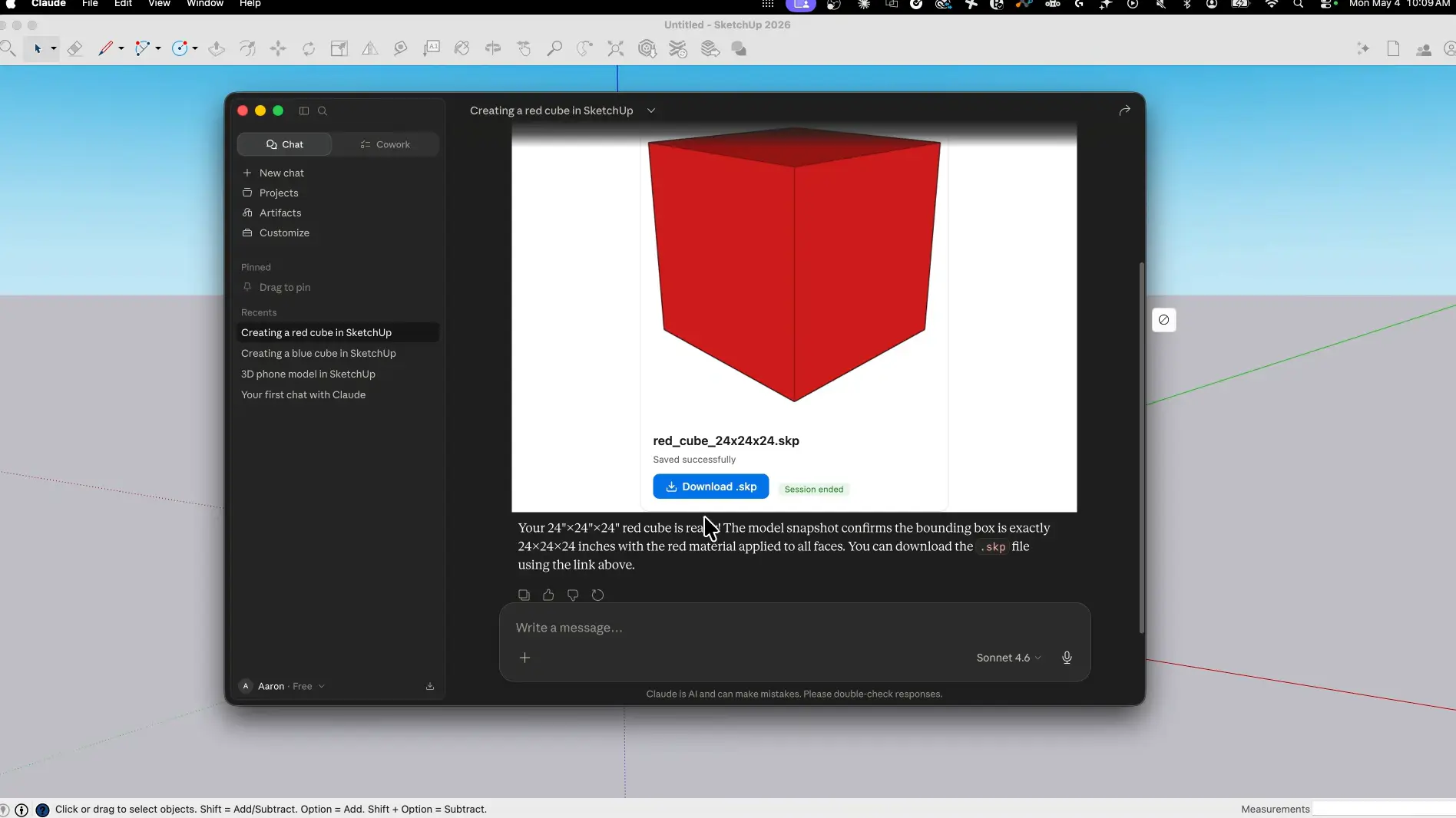 SketchUp Claude Connector Red Cube Generation SketchUp Claude Connector Red Cube Generation