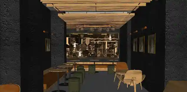 Dark starbucks cafe with wooden furniture and gold lighting
